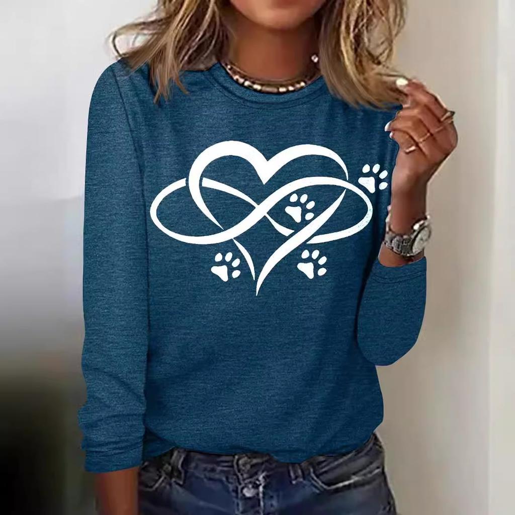 Round Neck 3D Printed Love Cat Footprint Pattern Top Fashionable Casual Long Sleeved Women's T-shirts