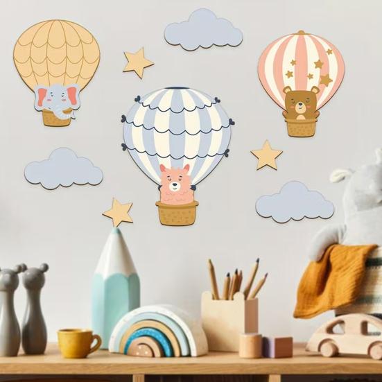 9 Pcs Hot Air Balloon Wall Decor with Clouds Stars Boho Nursery Wooden Wall Sign for Bedroom Classroom Playroom Wall Art