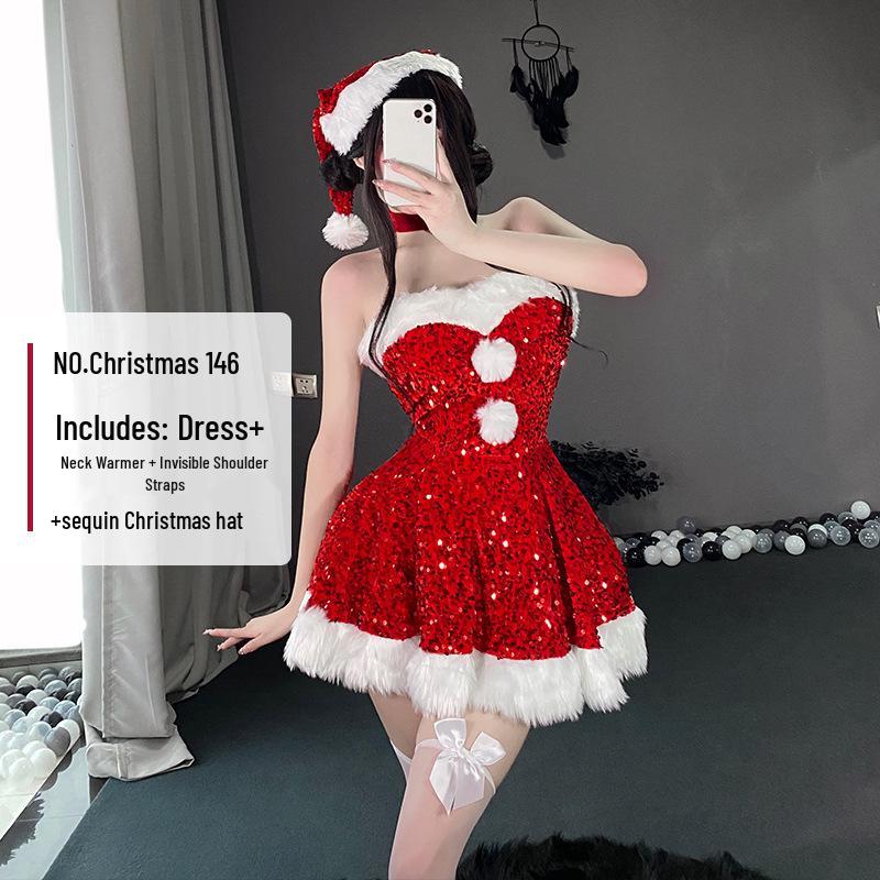 

2024 Сексуальное рождественское платье-бандо с пайетками: Осенне-зимний костюм для вечеринки для горячей девушки, для сцены и косплея one size