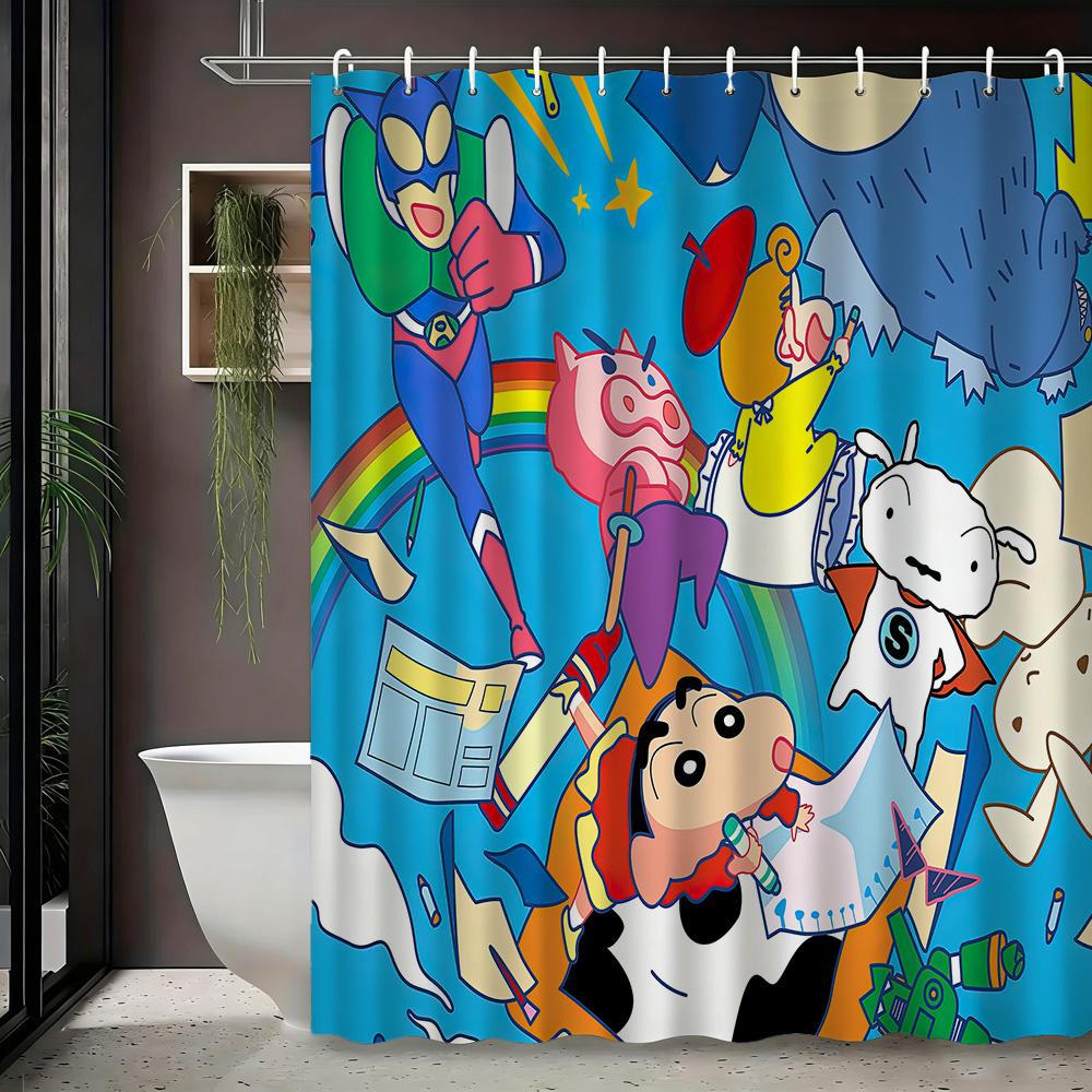 Crayon Shin-Chan & Himawari Superhero Press Conference Scene 2D Print Waterproof Shower Curtain, Blue Cityscape Bathroom Decor W