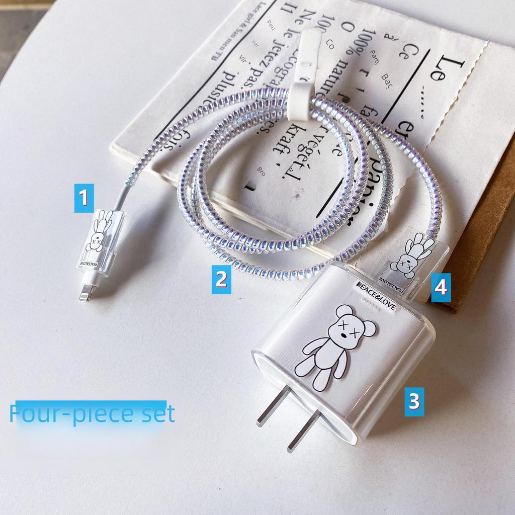 Apple Data Cable Protection Kit: 20W Charging Head, Transparent Cartoon Design, 4-Piece Set