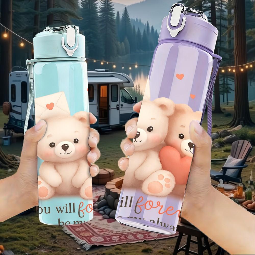 1PC Two Teddy Bear Love Art 750ml Color Plastic Sports Water Bottle Leakproof Flip Straw Lid Suitable for Sports Office Home Use