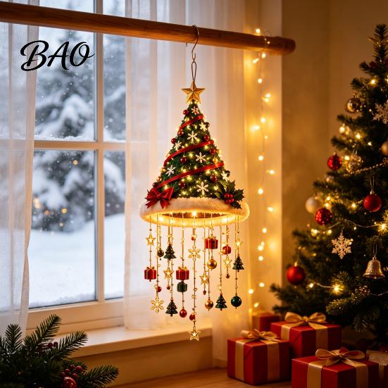 Staggered Light Pendant Lighted Christmas Ceiling Hanging Decor, Pre-Lit Tree Bell with Holiday Party Supplies Warm LED, Porch Doorway Ornament,