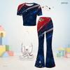 Girls Red Blue White Printed Round Neck Short Sleeve Top Flared Pants Two Piece Set