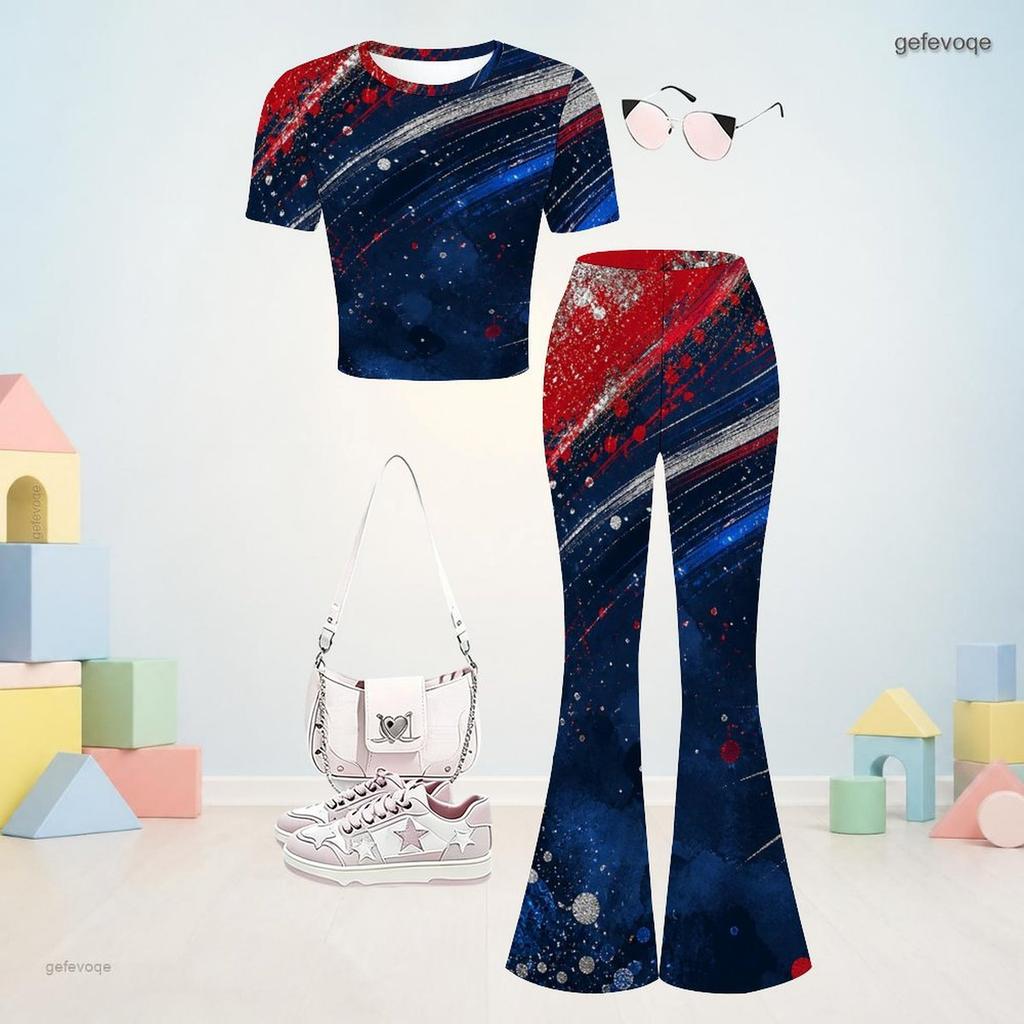 Girls Red Blue White Printed Round Neck Short Sleeve Top Flared Pants Two Piece Set