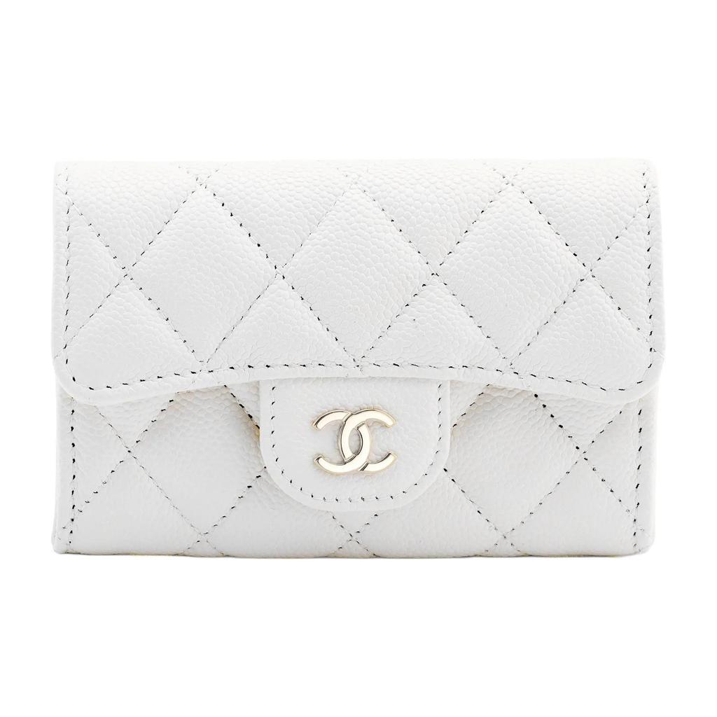 CHANEL 23C Classic Style Vertical Gold Label Double C Logo Quilted Pattern Shiny Grain Calfskin with Gold Metal Card Holder Small Female White