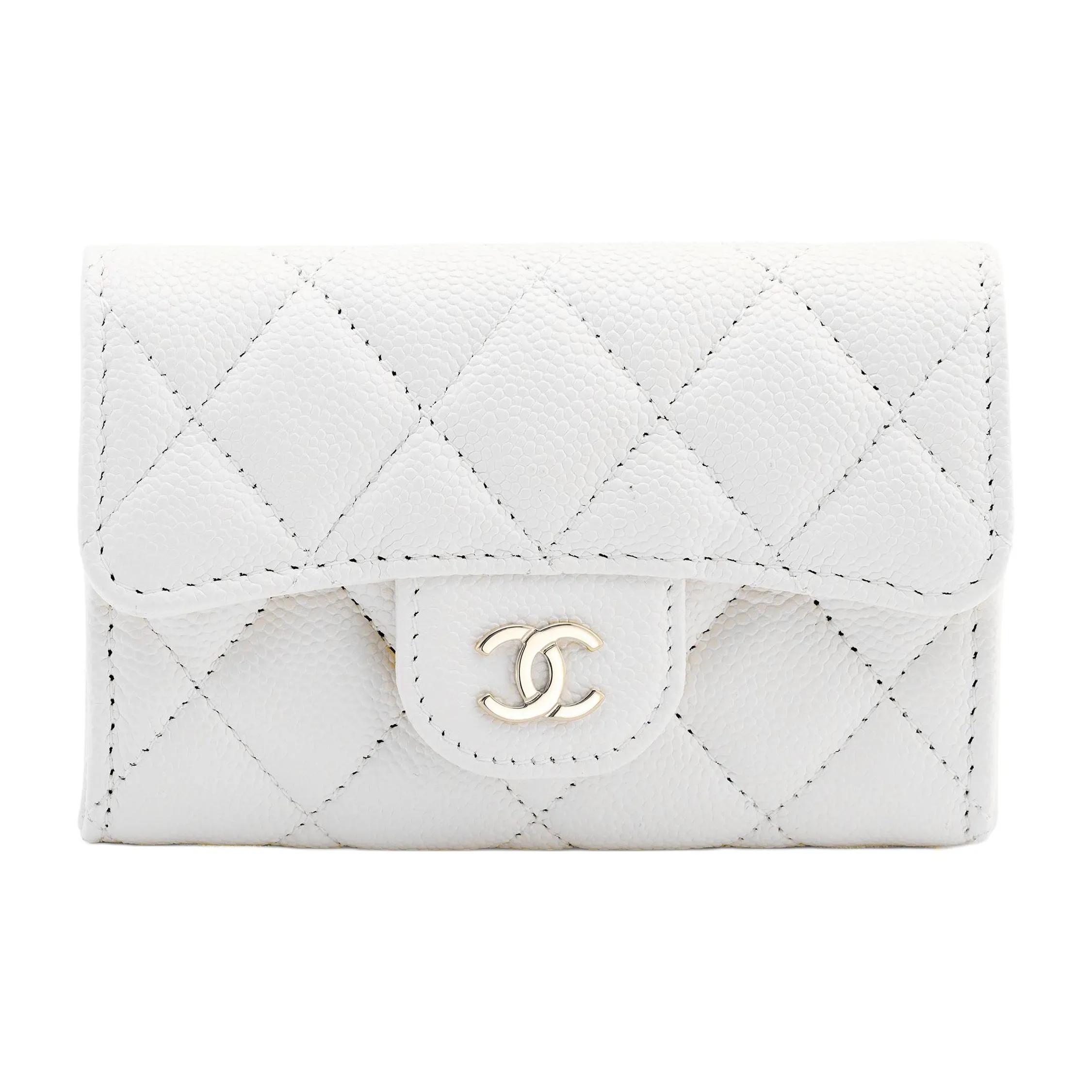 

CHANEL 23C Classic Style Vertical Gold Label Double C Logo Quilted Pattern Shiny Grain Calfskin with Gold Metal Card Holder Small Female White