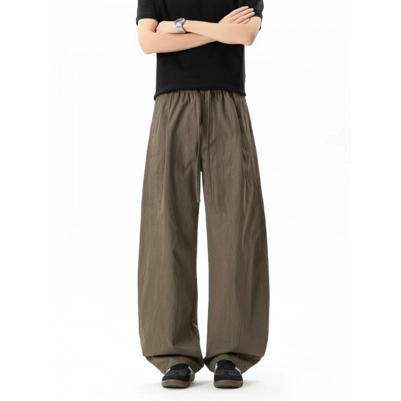Mens Casual Pants Solid Color Splicing Straight Leg Trousers Retro Pleated High Street Drawstring Loose Fit