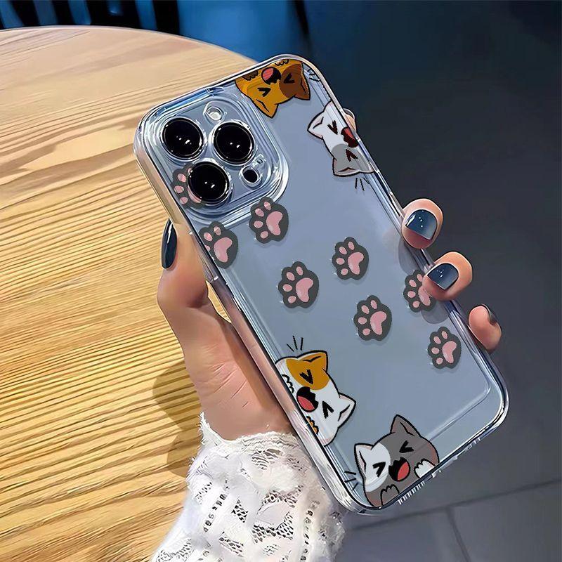 Cartoon Cats and Paw Prints Pattern Phone Case for iPhone 17 16 15 14 13 12 11 16E Series Pro Max Plus Double Layer Protection