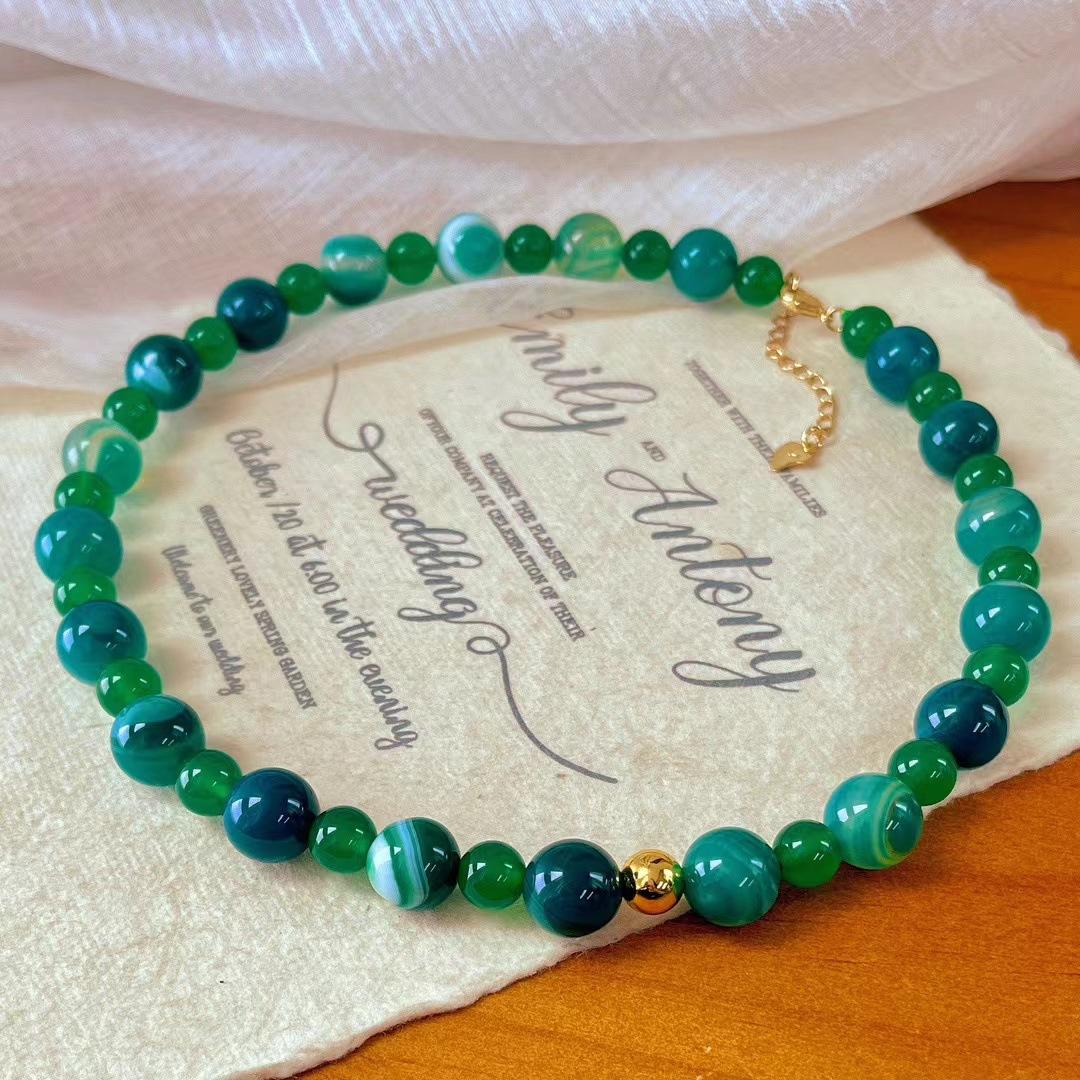 Vintage Gypsy Natural Chalcedony Necklace Simple Green Agate Beaded Atmosphere Neck Chain Collarbone