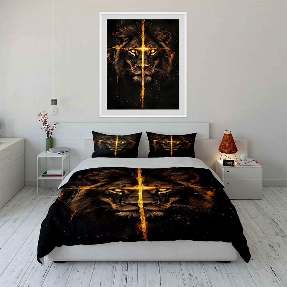 Fiery Lion Face with Cross Bedding Duvet Cover Set (1*Duvet Cover 2*Pillowcases, Without Duvet Insert)