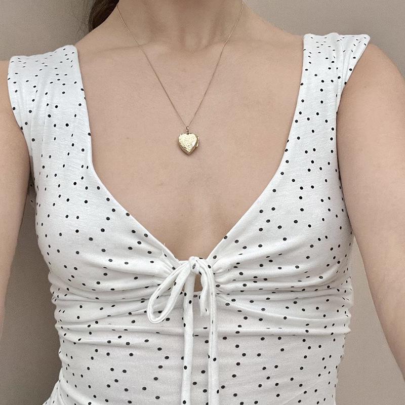 European & American Style Polka Dot Pleated Tie-Up Tank Top with Round Neck, Versatile and Slim Fit