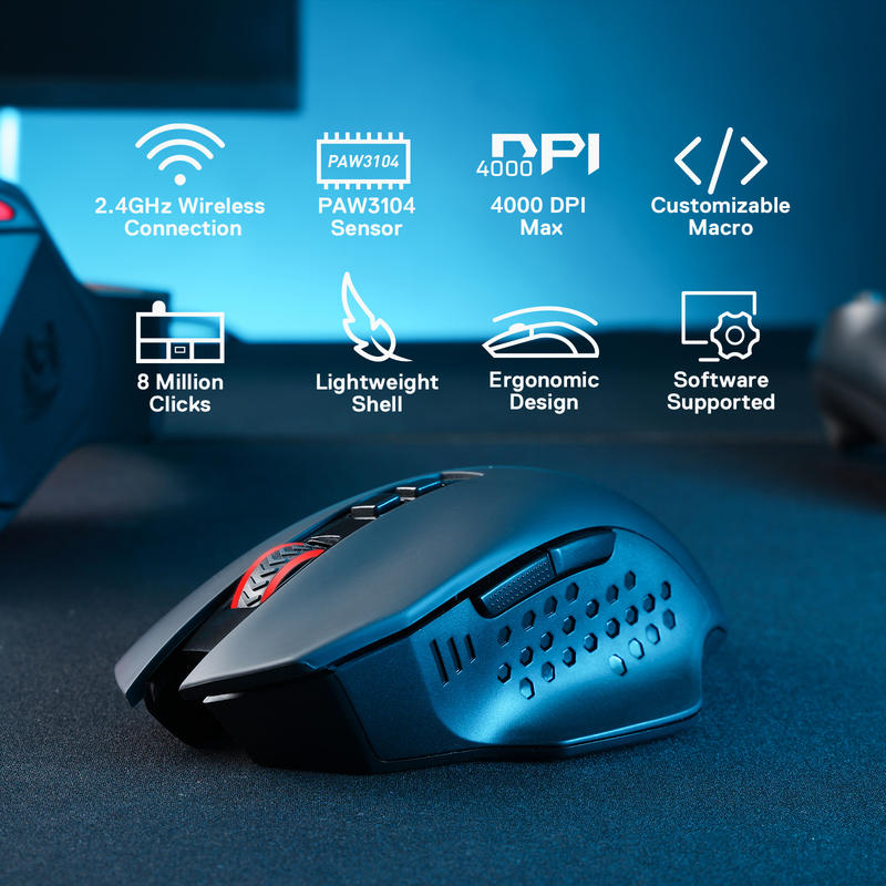 Bezdrátová herní myš Redragon M656 Gainer, 4000 DPI 2,4 GHz bezdrátová herní myš s 5 úrovněmi DPI, 7 makro tlačítky, červená LED