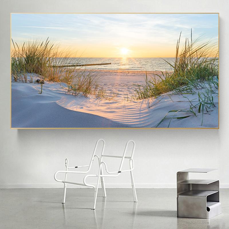 Modern Blue Sun Beach Grass Ocean Seascape Canvas Painting Landscape Posters and Prints Home Decor for Living Room Decoration