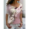 Fashion Women's Asymmetric V-neck T-shirt Spring and Summer Ladies 3D Short-sleeved Top