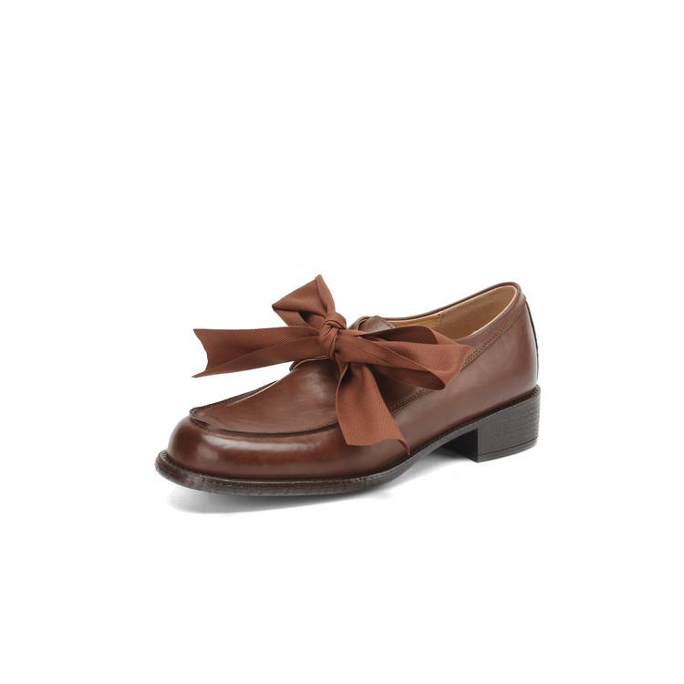 

Модные новые весенние женские туфли из коровьей кожи с круглым носком, женские туфли-лодочки, женские туфли на массивном каблуке, лоферы, модное украшение в виде банта, повседневная обувь 34 коричневый