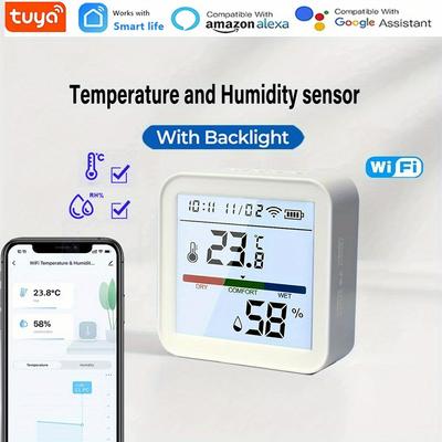 WiFi Tuya Temperature and Humidity Sensor, a Smart Backlit Thermometer and Hygrometer for Smart Living, Supports Alexa and Google Home.