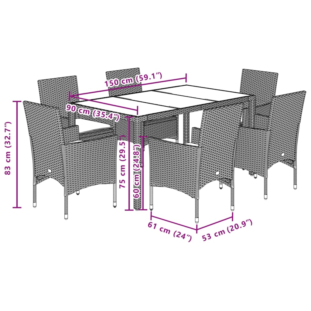 Vidaxl 7-Cz. Garden Furniture Set With Cushions, Black, Poly Rattan
