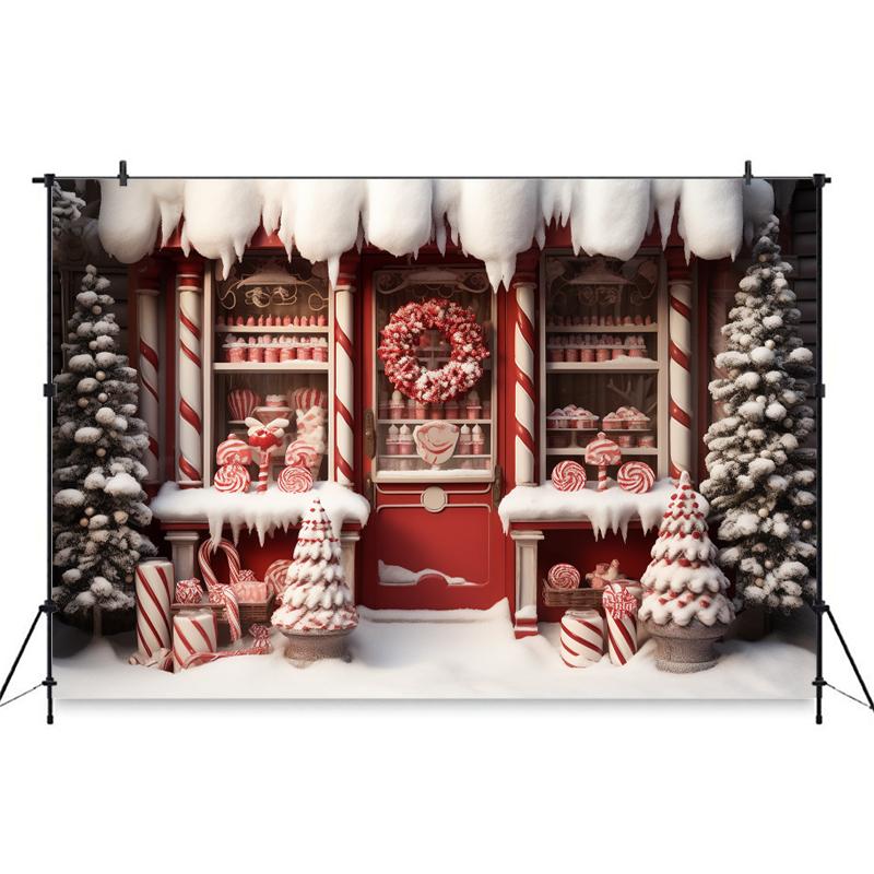 Mocsicka Christmas House Backdrop Photography Xmas Tree Snow Candy Shop Decoration Baby Kid Photo Background Studio Props Banner