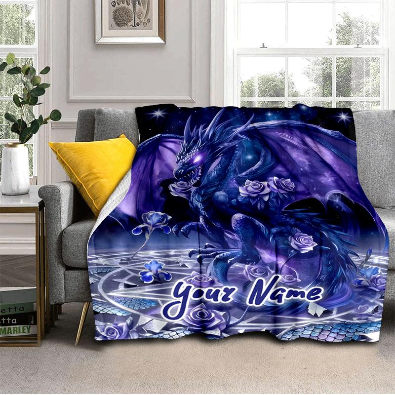 1PC Custom Name Purple Dragon Fantasy Art outdooor Flannel blankets Throw Blanket All-Season Throw Gift Bedspread for Couch, Bed, Camping Holiday Birt