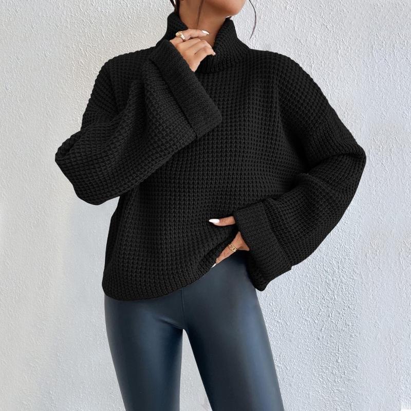 MD1006 European Women's Knitwear High Neck Bell Sleeve Pullover Sweater