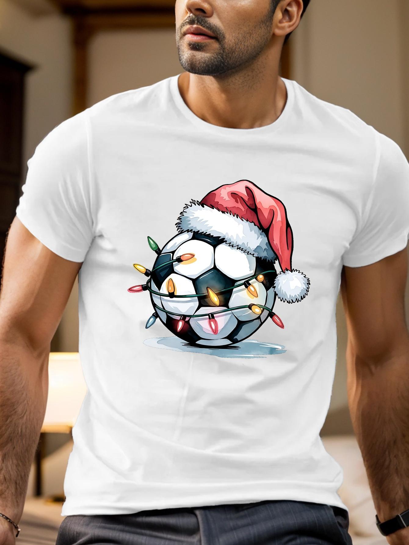 Christmas Football Printed Cotton Mens Tshirts Santa Soccer Ball Sports Design Mens Clothing Oversized Shirt New in Tops Tees L