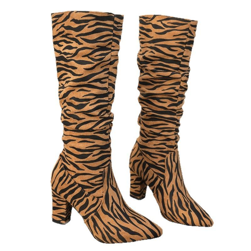 Wind New Pointed Zebra Pattern Thick Heel But Knee Boots Sleeve Large Size Super High Heel Trendy Women's Boots