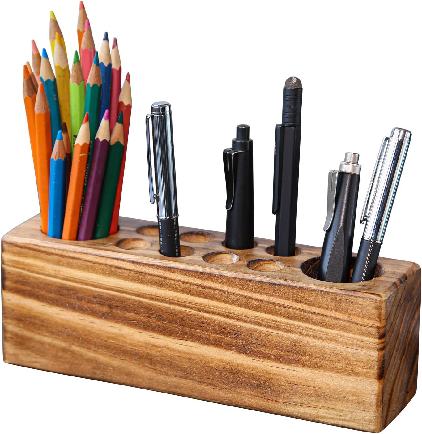 Hoffengwell Solid Pine Wood Pen Holder for Desk Fountain Pen Holder Stylish Wooden Pencil Holder and Pen Desk Organizer