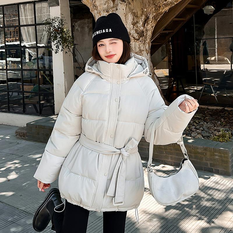 Wind belt down cotton clothes women's winter new fashion waist thin thickened sweet coat tide