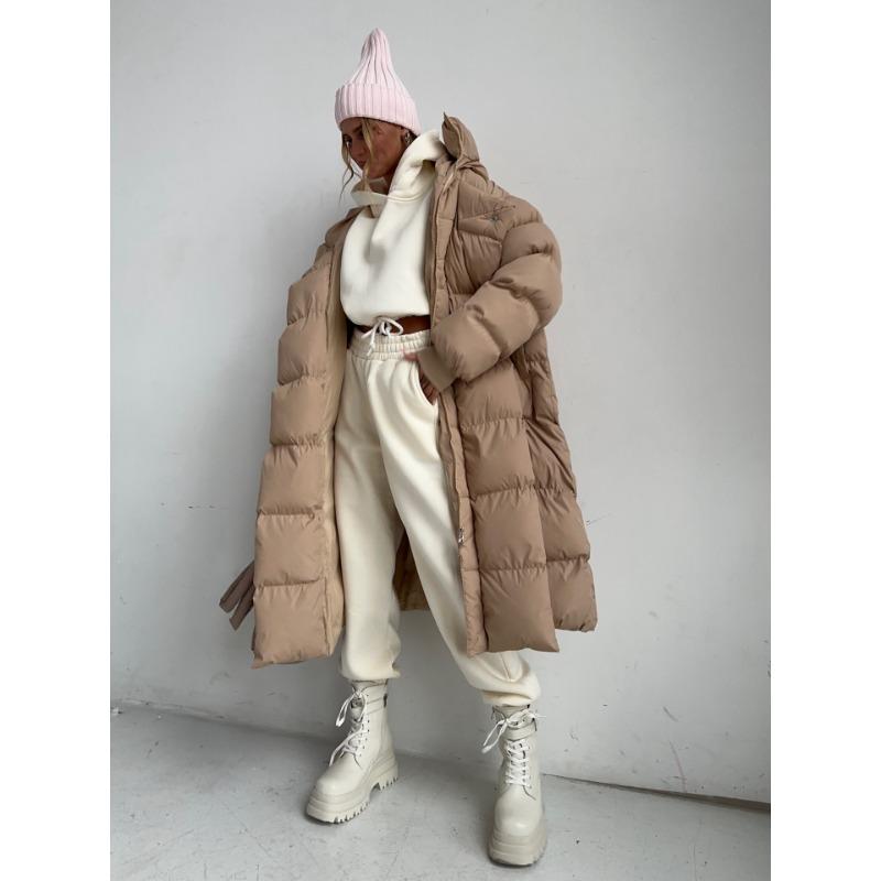 Vintage Damen Lange Baumwollmäntel Uni Flauschig Warm Kapuzenwattierte Jacken Herbst Winter Weiblich Lässig Dick Gesteppte Oberbekleidung