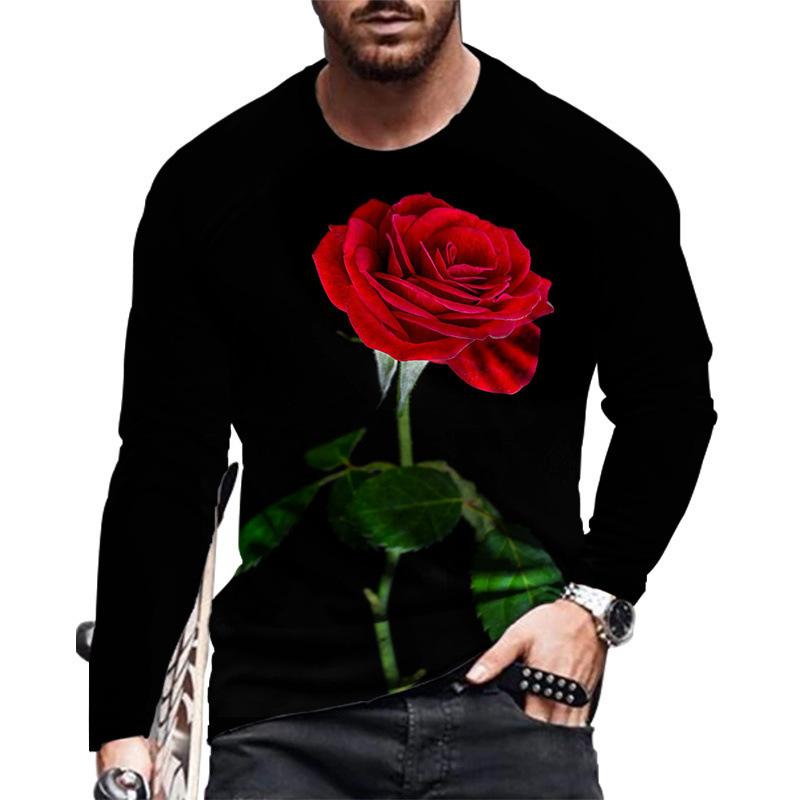 Casual Rose 3D Digital Printing Men'S Casual Fashion Long Sleeve Crew Neck T-Shirt