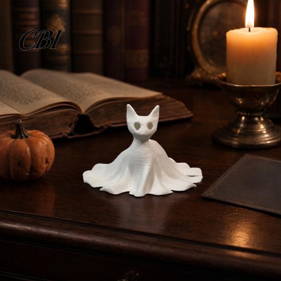 Ghost Skirt Cat Sculpture 3D Printed Statues, Halloween Haunted Kitten Figurines with Hollow Eyes Durable Statue & Flowing Drapes, Matte White Spooky