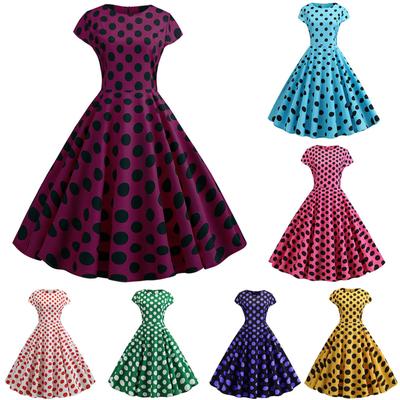 Damen Vintage 1950er Retro Kurzarm Dot Print Abend Party Ball Swing Kleid