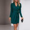 Women Autumn Winter Elegant V Neck Long Sleeve Solid Color High Waist Short Dress