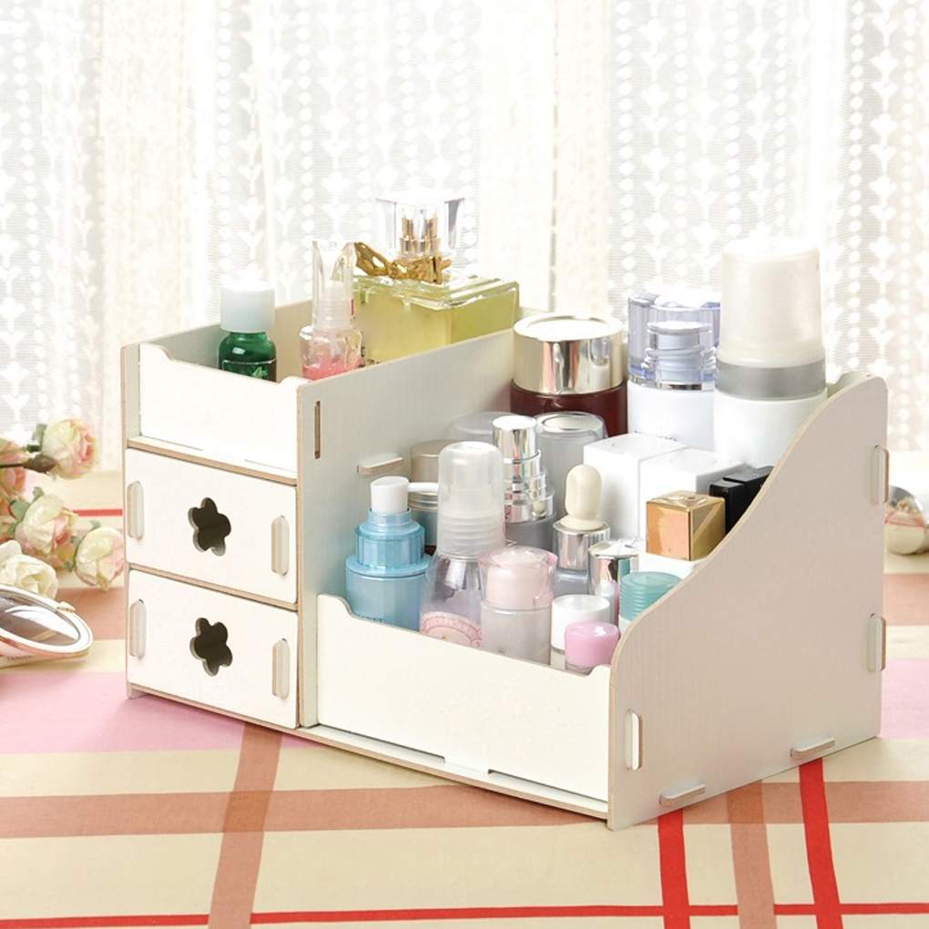 Desk Cosmetic Storage Box Wooden Makeup Case Jewelry Organizer