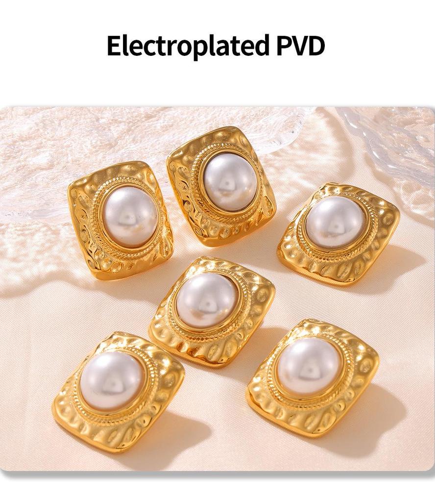 French Retro Square Lava Faux Pearl Stud Earrings In 18k Gold-Plated Titanium