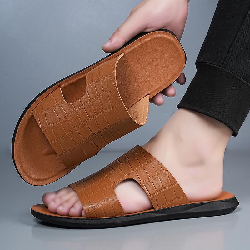 Men Black Leather Slippers Flats Summer Brown Sandals Outdoor White Wide Head Beach Shoes for Father Over Sized 46 47 48