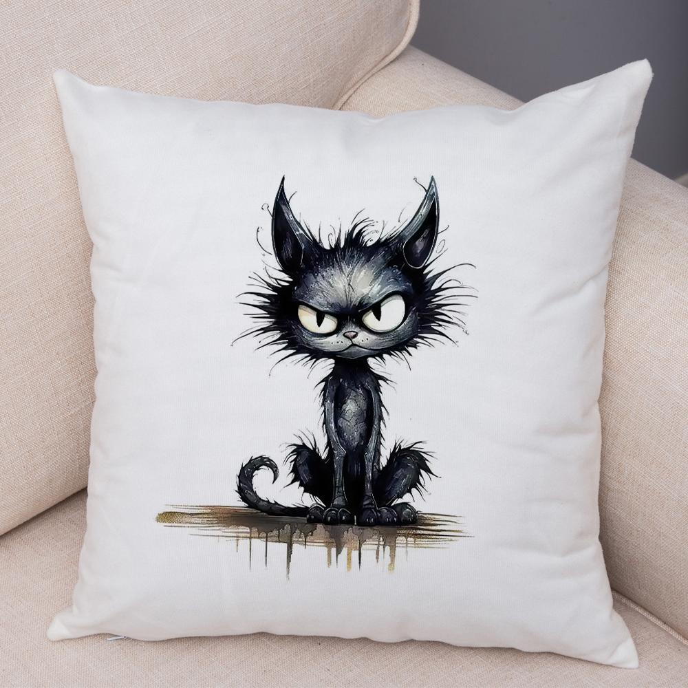 Grumpy Black Cat Pillowcase Double Print Striped Whimsical Cat Cushion Cover Soft Plush Curly Eared Fierce Cat Pillowcase