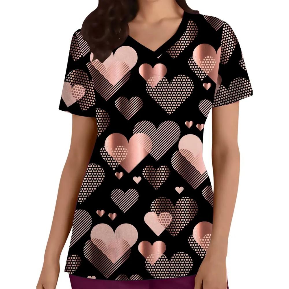 Fashion Heart Print Surgical Uniforms Woman V-Neck Health Care Clinical Uniform Summer Short Sleeve with Pockets Scrubs Woman