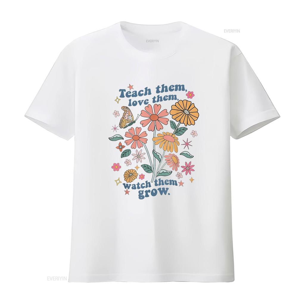 Teach Them Love Watch Grow Retro Teacher Floral T Shirt White vintage Washed graphic homme Unisex designer clothes Comfortable