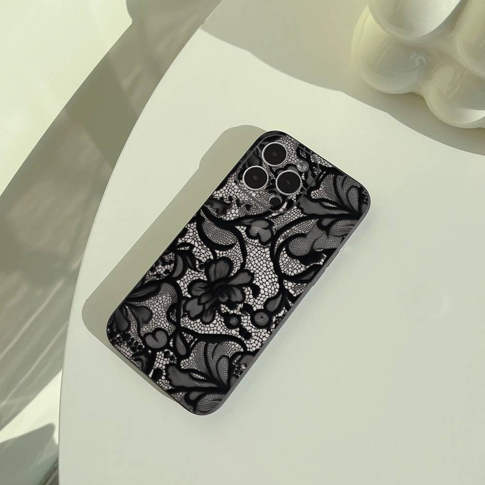 L-Lace Print Pattern Phone Case For iPhone 17,16,15,14,13,12,11 Pro Max, Lightweight and Practical Soft Black Cover