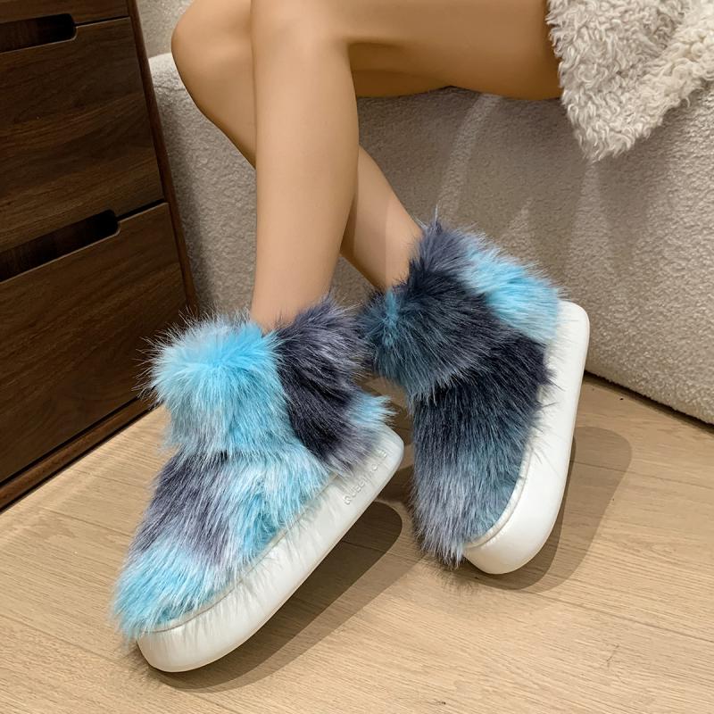Fashion Fluffy Blue Fur Non Slip Warm Snow Boots Women 2025 Causal Mix Color Long Plush Snow Boots Women Thicken Bottom Faux Fur Shoes