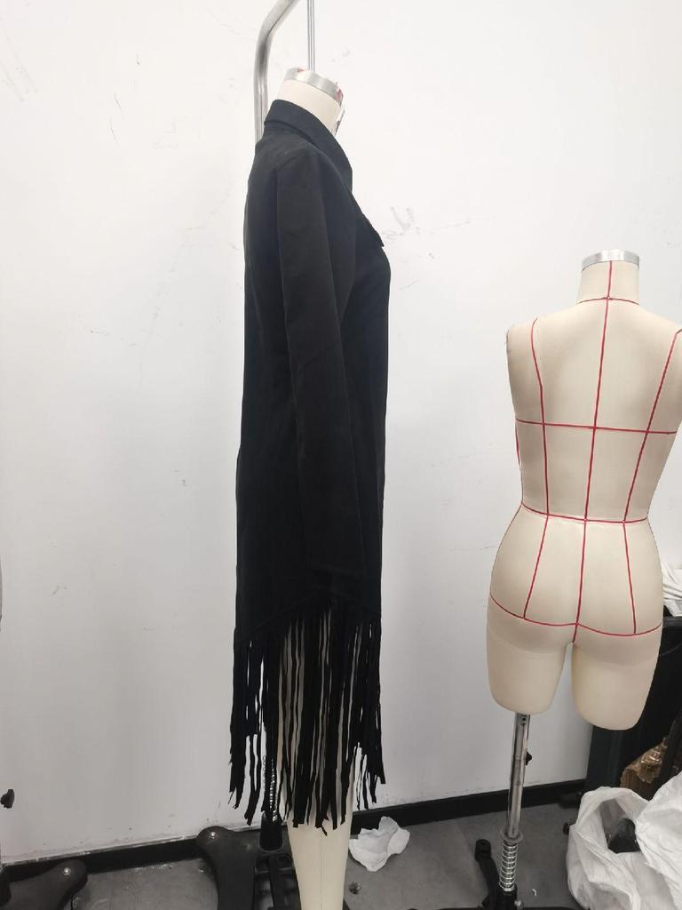 Westlicher Cowboy Wildleder Fransen Schlankes Kleid - Langärmelig, 2025 Stil