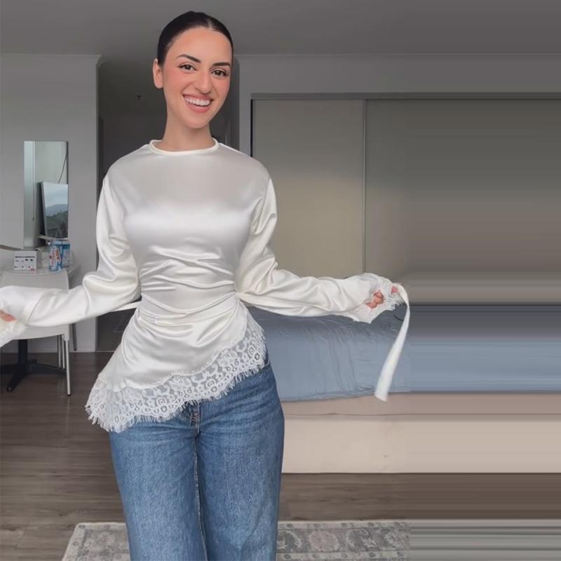 Casual Lace Patchwork Lace-up Tops Women's Slim Belted Waist-cinching Round Neck Pullovers 2026 New Ladies Spring Solid Outwear