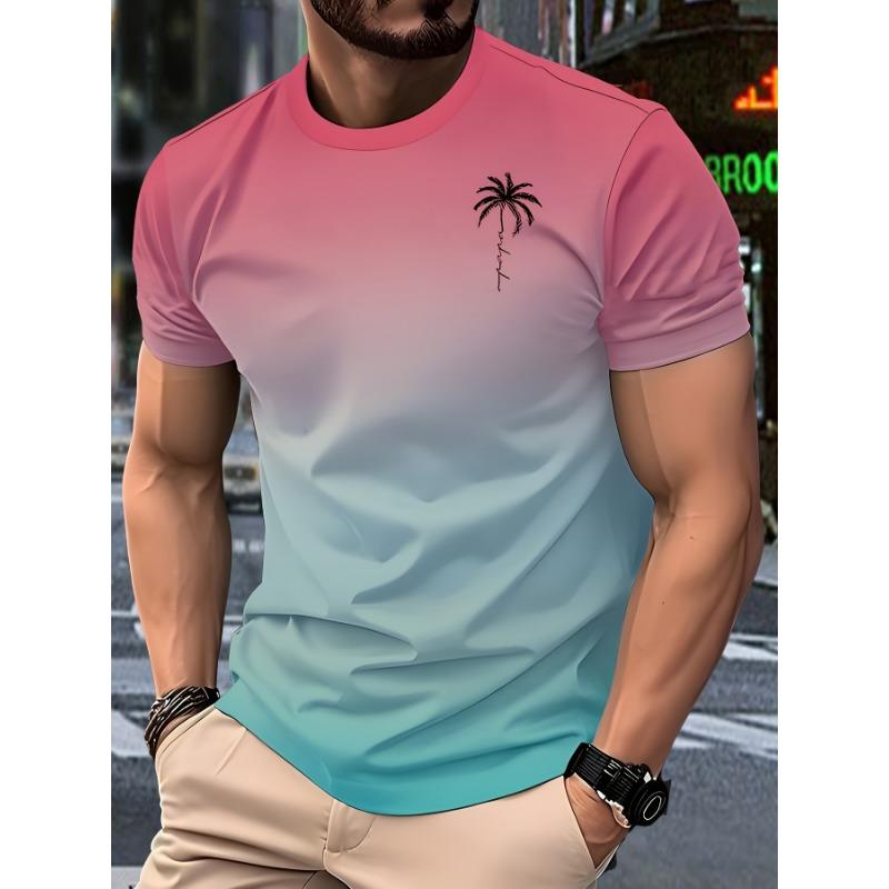 

Men s Gradient Style Casual T-Shirt Digital Print, Summer Short Sleeve Knit Fabric, Round Neck, L