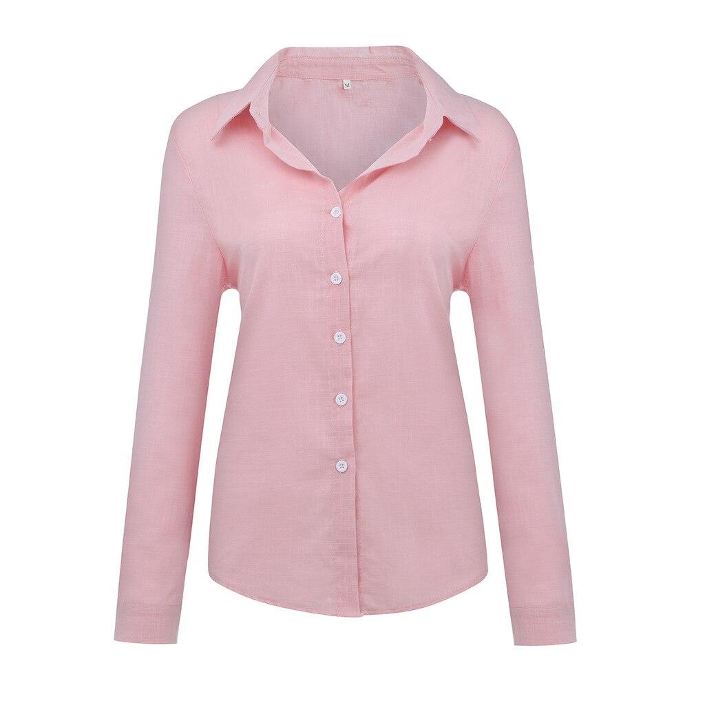 Nowe letnie damskie bluzki w jednolitym kolorze z klapą na guziki Casual luźna z długim rękawem lniany Top bluzki damskie biały top Blusas Mujer