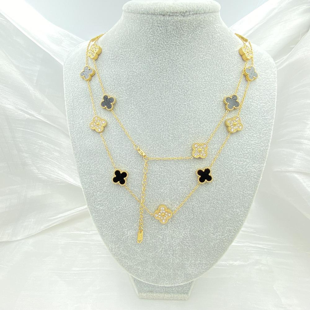 

13MM Titanium Steel 90CM 20 Flower Double-sided Mother-of-pearl Lucky Four-leaf Clover Necklace Ladies Fashion Sweater Chain