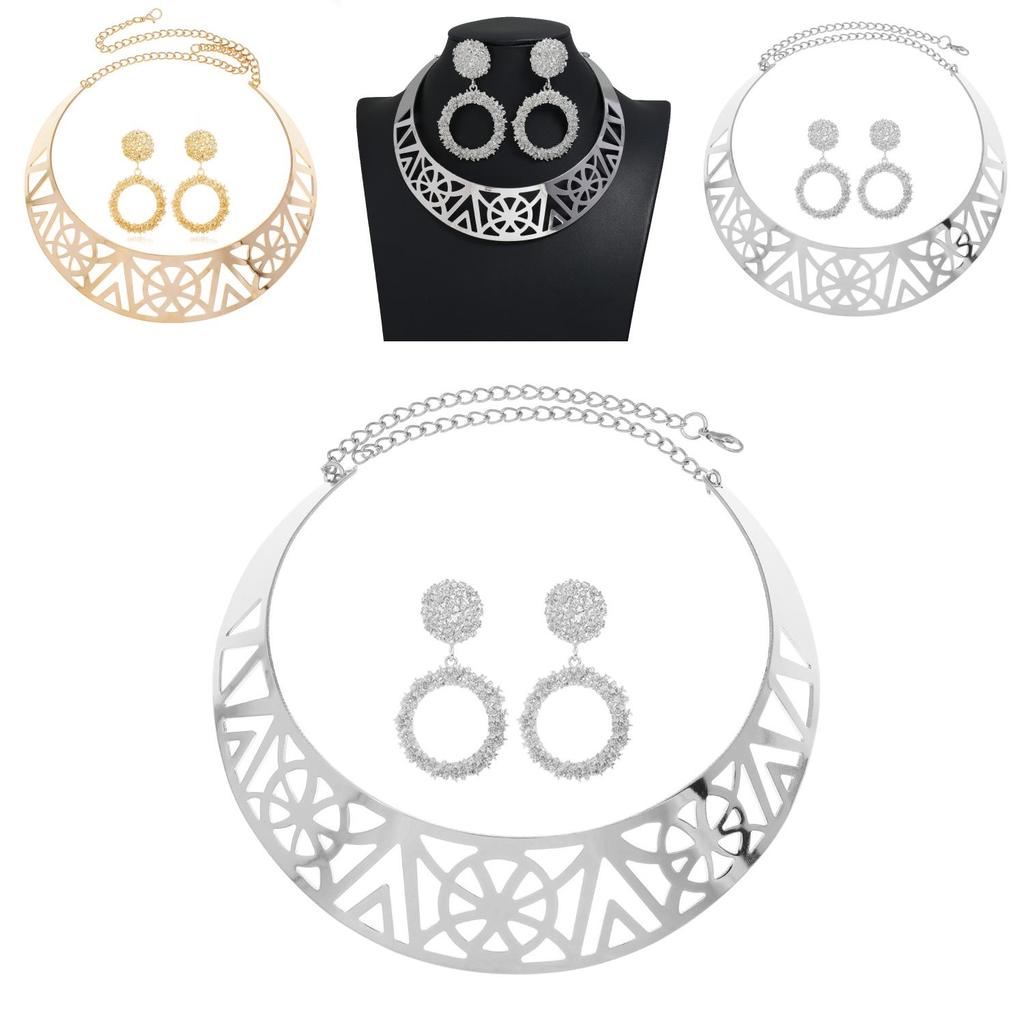 Fashion Solid Color Hollow Design Women Metal Necklace Collar Round Earring Set For Gift And Travel