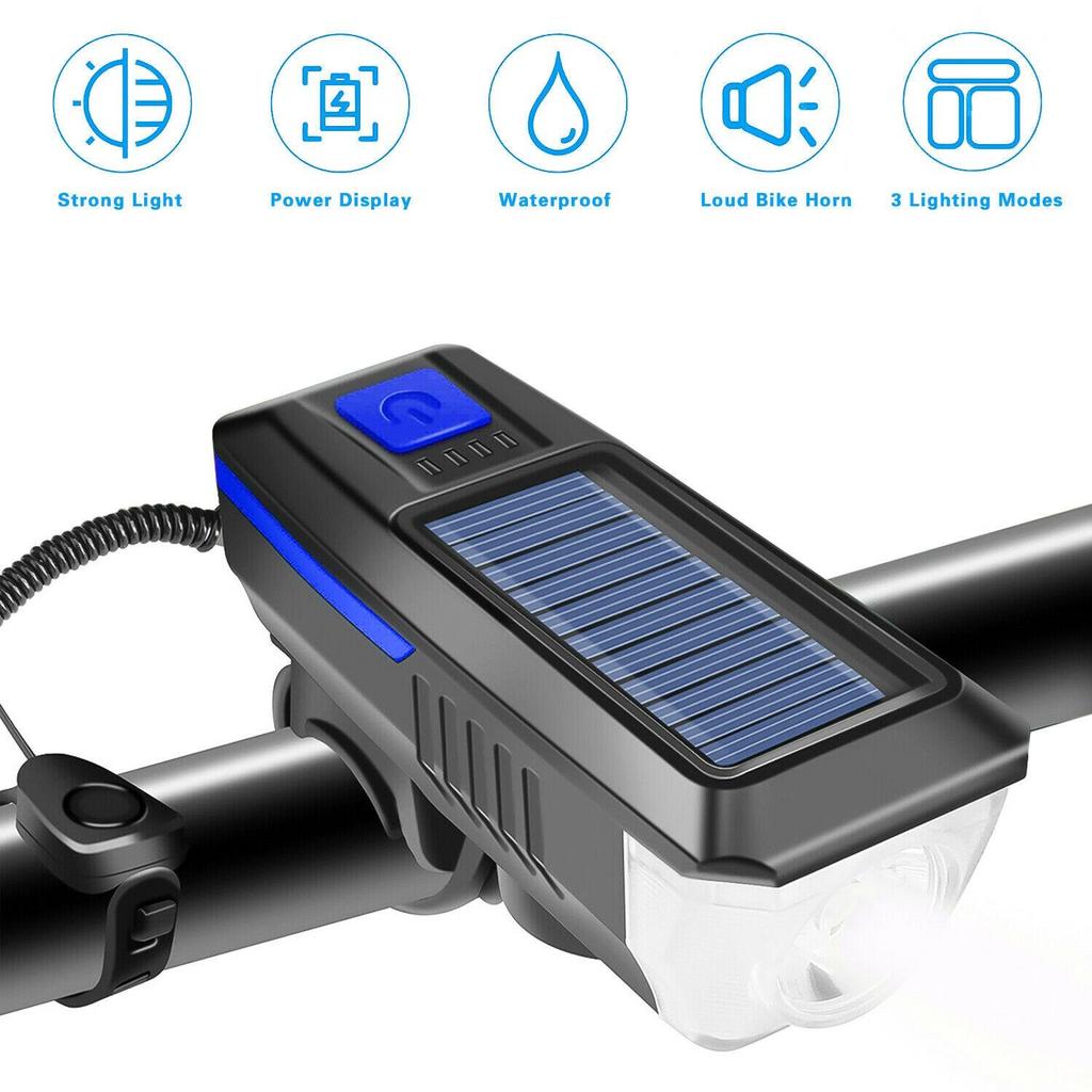 Luz solar para bicicleta USB recarregável à prova d'água e buzina conjunto de 3 modos para equipamento de equitação noturna
