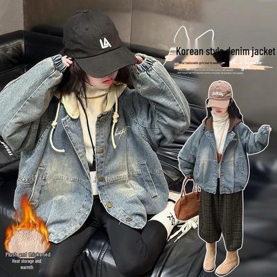 Children's Fleece-Lined Hooded Denim Jacket for Girls - Autumn/Winter 2025 Collection